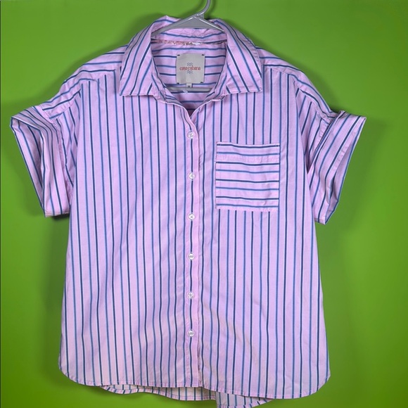 casa cabana Tops - Elegant Pink and Blue Striped Midi blouse